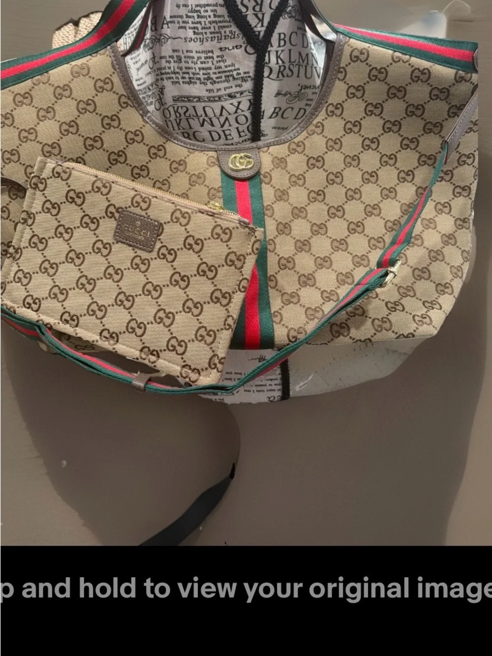 Beige Supreme Canvas Tote with Green and Red Stripe Accent